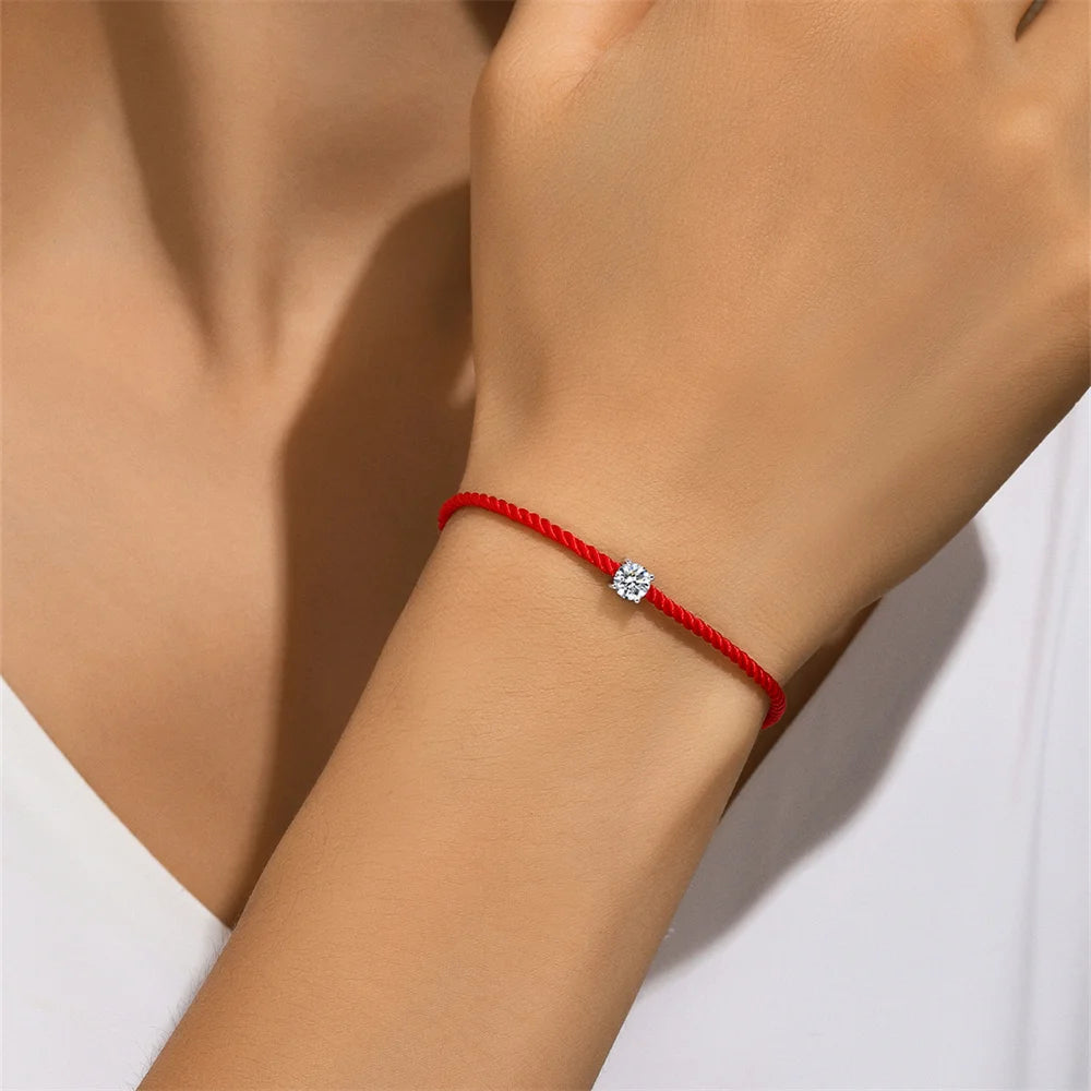Bracelet Corde Rouge Diamant Moissanite Argent 925 Femme