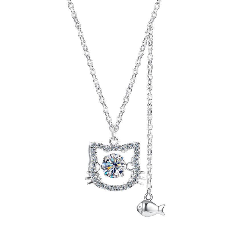 Collier Pendentif Chat & Poisson en Argent 925 avec Moissanite
